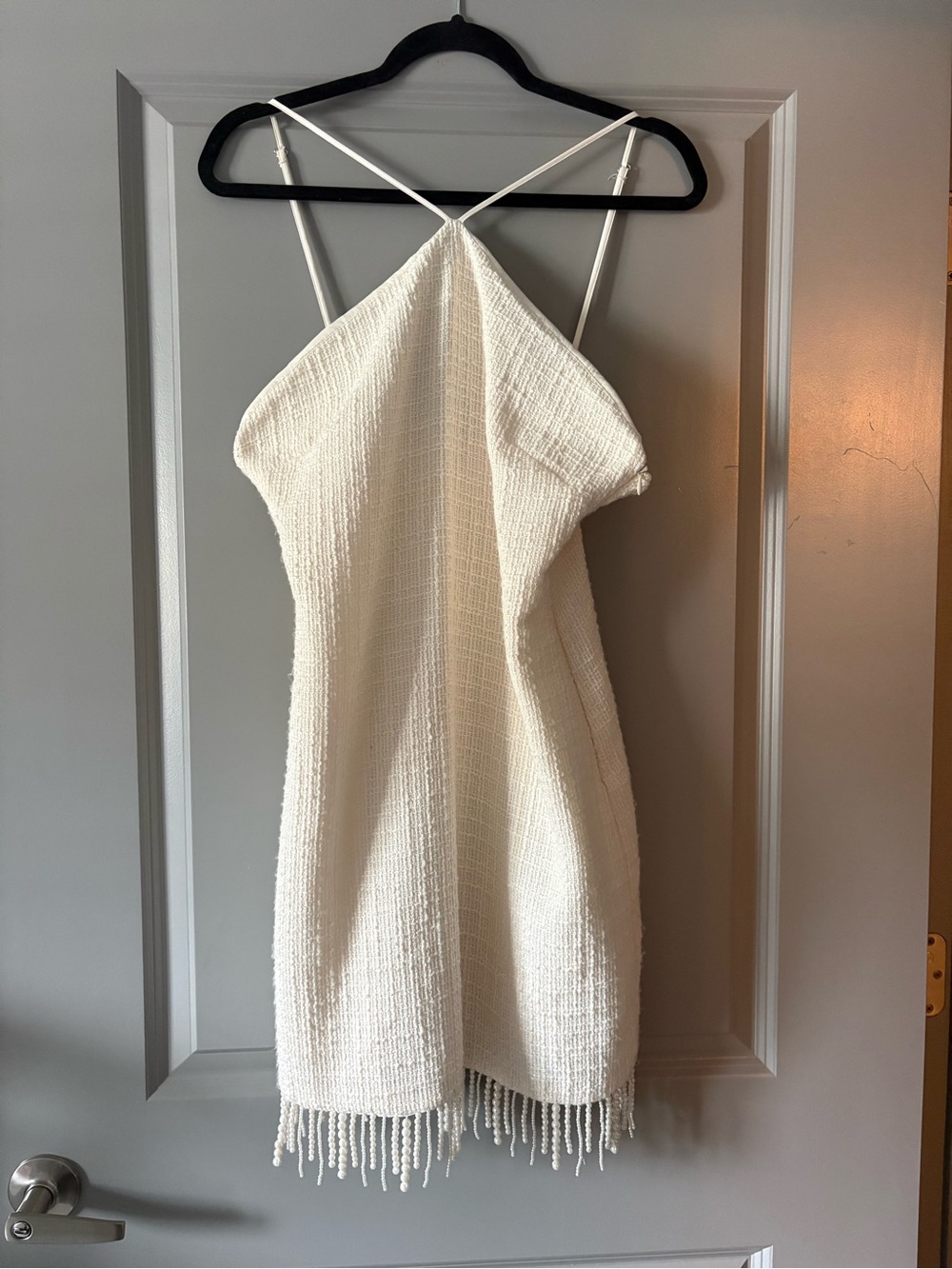 Tweed Pearl Beaded Fringe Halter Dress